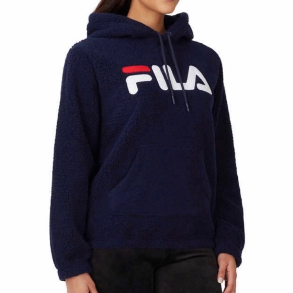 Fila Women's Navy Blue Sherpa Fleece Big Logo Pullover Hoodie Size XXL